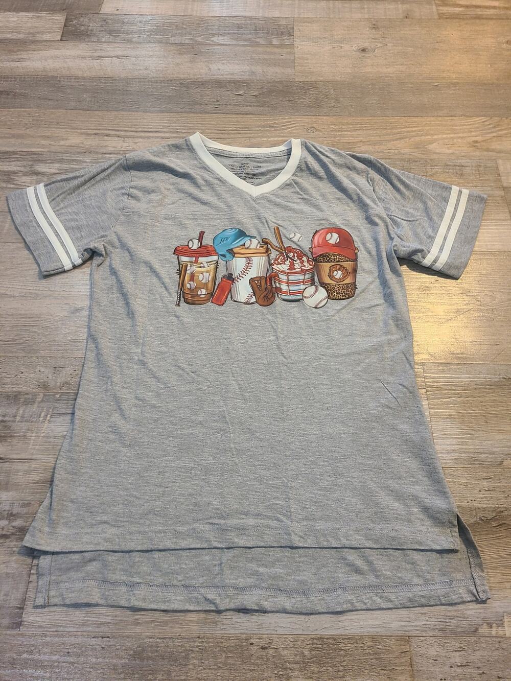 Unknown brand small v neck baseball shirt heather grey and white